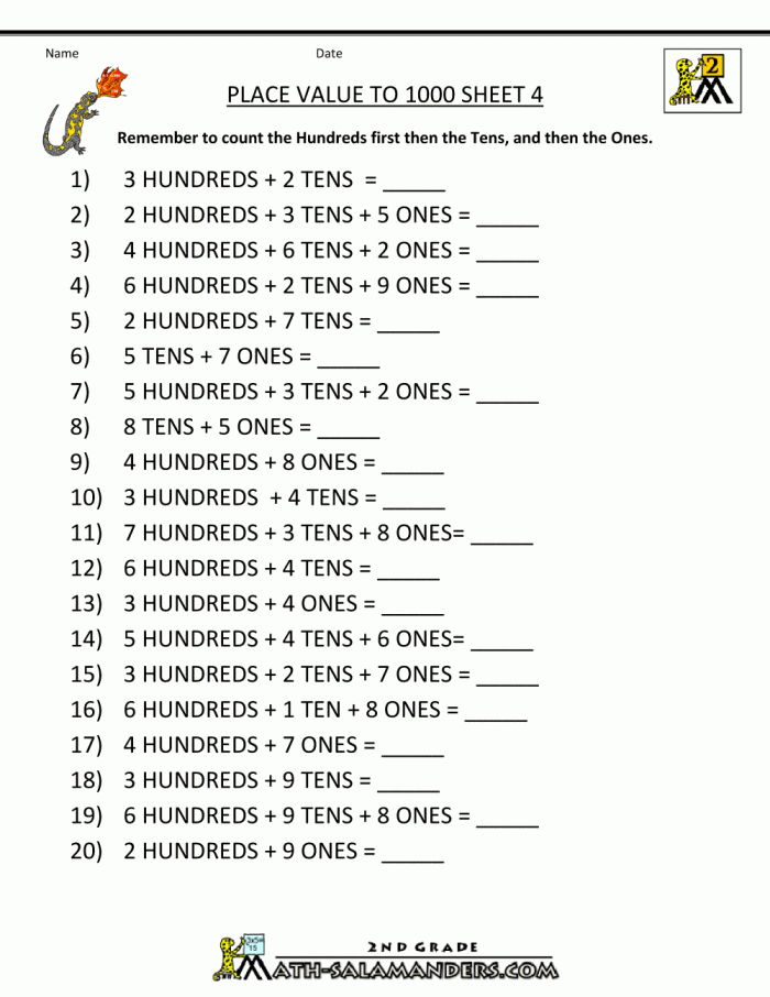Second grade worksheet on money and place value focusing on hundreds, tens, and ones