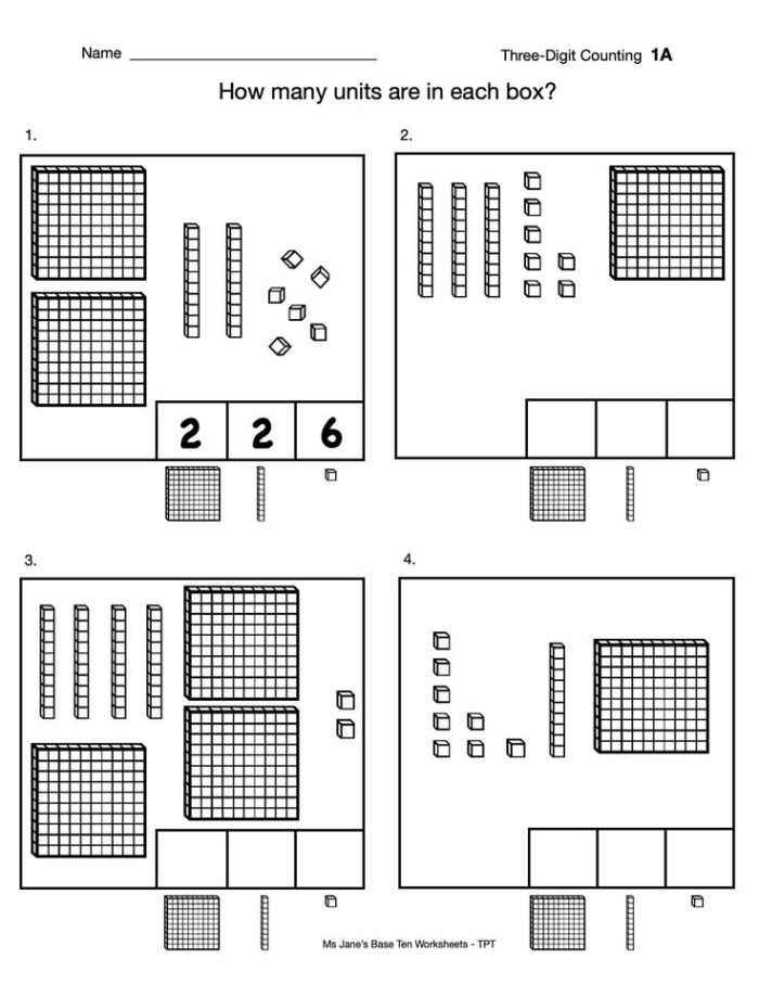 Second Grade worksheet focused on money and place value with hundreds, tens, and ones