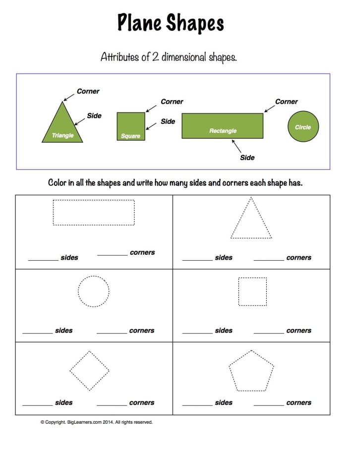 Second Grade worksheet featuring various plane figures to color and identify