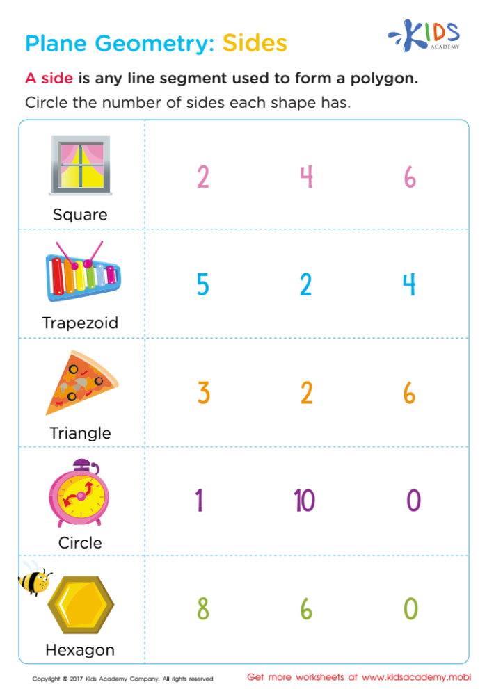 Second Grade Plane Figures worksheet with colorful shapes to identify and color