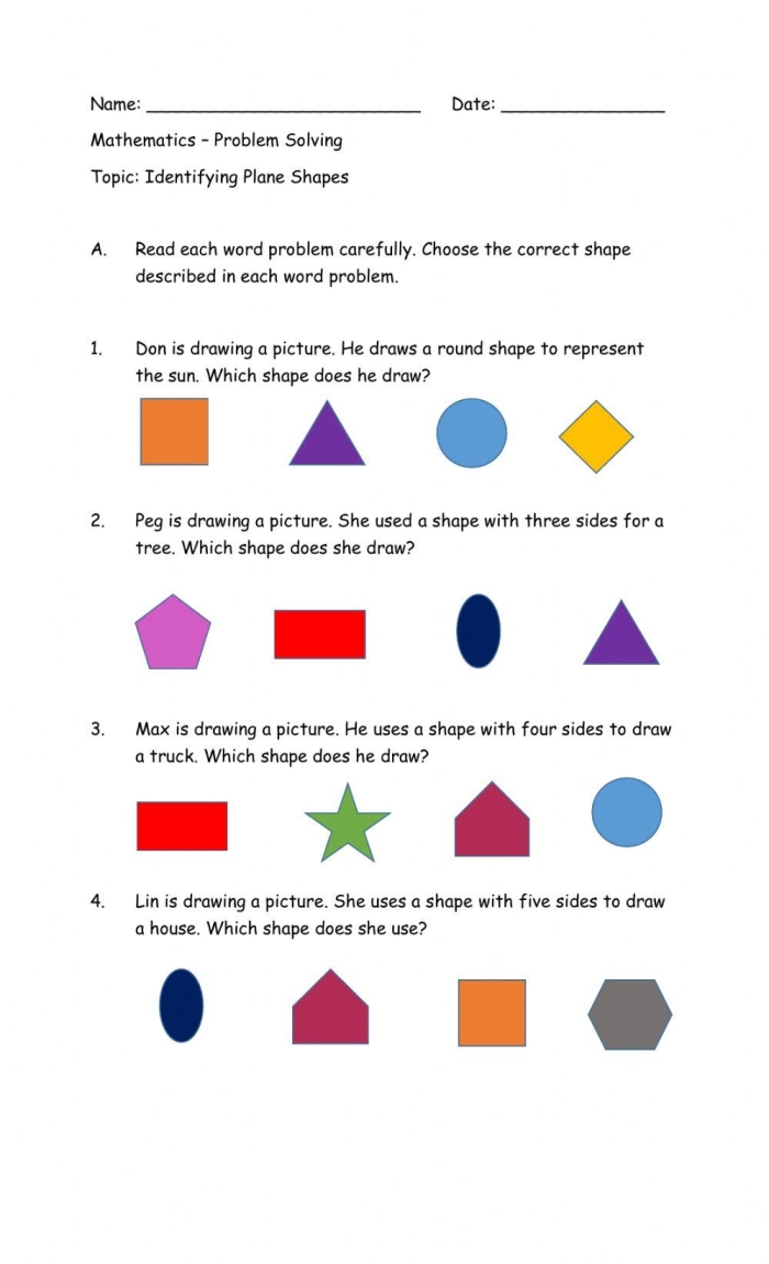 Second grade worksheet featuring colorful plane figures for shape practice