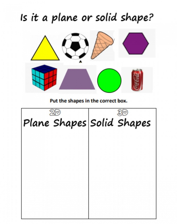 Second grade worksheet featuring colorful plane figures for shape identification practice