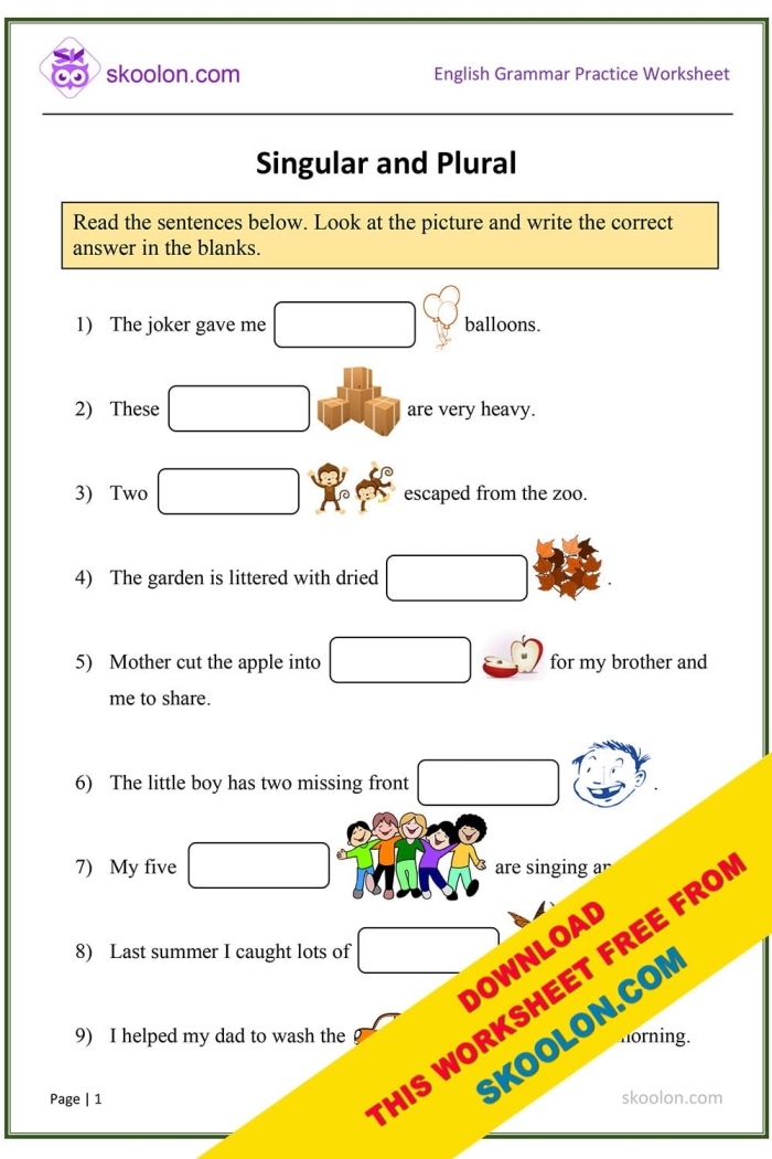 Practice sheet for forming plural nouns in a fun grammar exercise for grade two learners Second grade students completing the It’s Grammar Time plural nouns worksheet