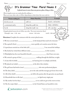 It's Grammar Time: Plural Nouns 2 worksheet for classroom use Worksheet illustrating plural noun transformations for second graders