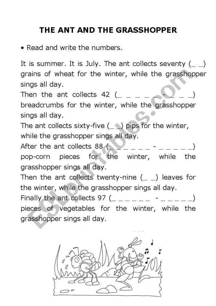 Second Grade geometry worksheet featuring The Ant and the Grasshopper fable for comprehension and prediction skills