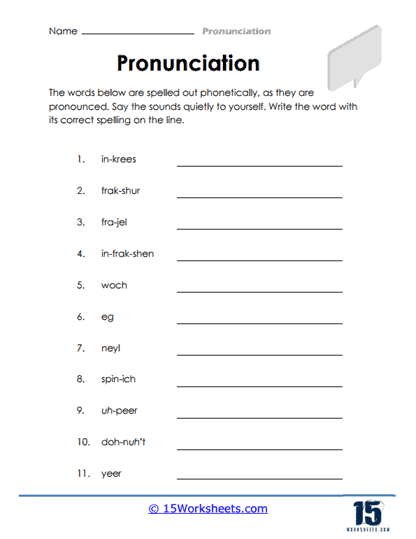 Interactive activity to help young readers learn proper word pronunciation Second grade English pronunciation worksheet featuring phonetic spellings for matching words