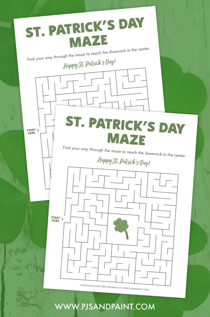 Second grade St. Patrick's Day Maze Race worksheet with side by side mazes for two players