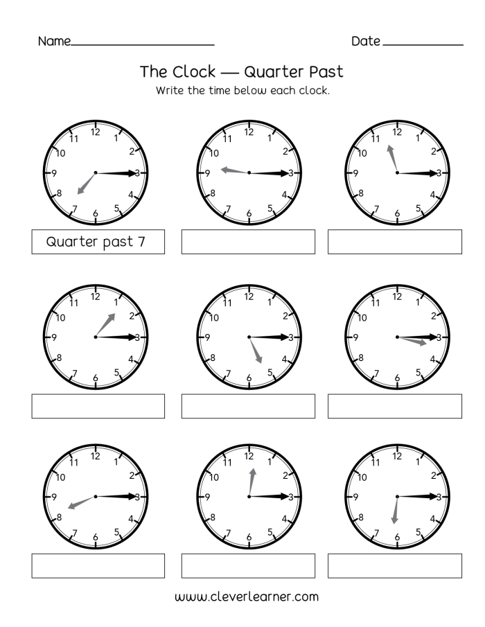 Engaging Telling Time: Quarter Hour worksheet for Grade 2 math students Worksheet for practicing telling time at quarter hours for second graders