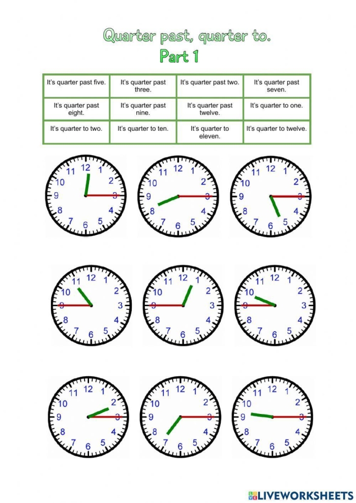 Engaging quarter-hour time telling worksheet for 2nd grade math students Worksheet for practicing time telling at quarter hours for second graders