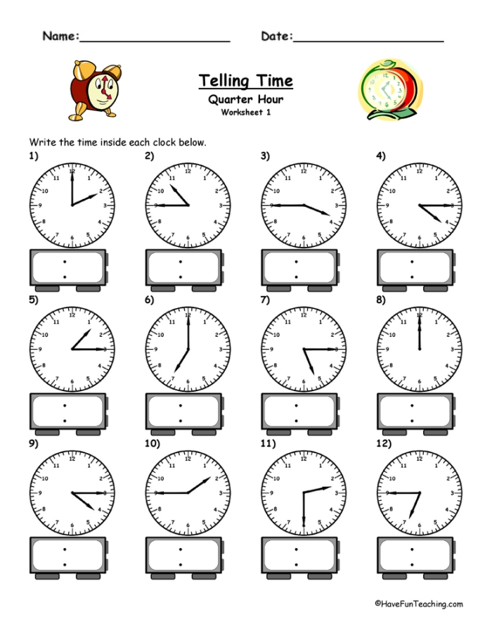 Telling Time: Quarter Hour Practice Worksheet Image 5 Worksheet for practicing telling time at quarter hours for second graders