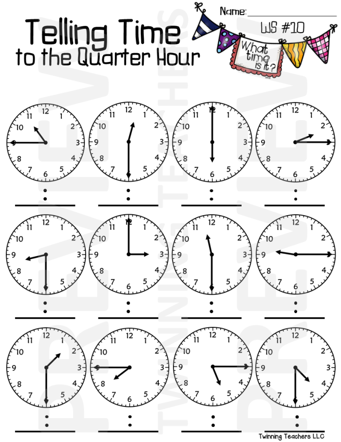Engage students with this fun telling time worksheet focusing on quarter hours. Worksheet for practicing quarter hour time-telling skills in second grade math.
