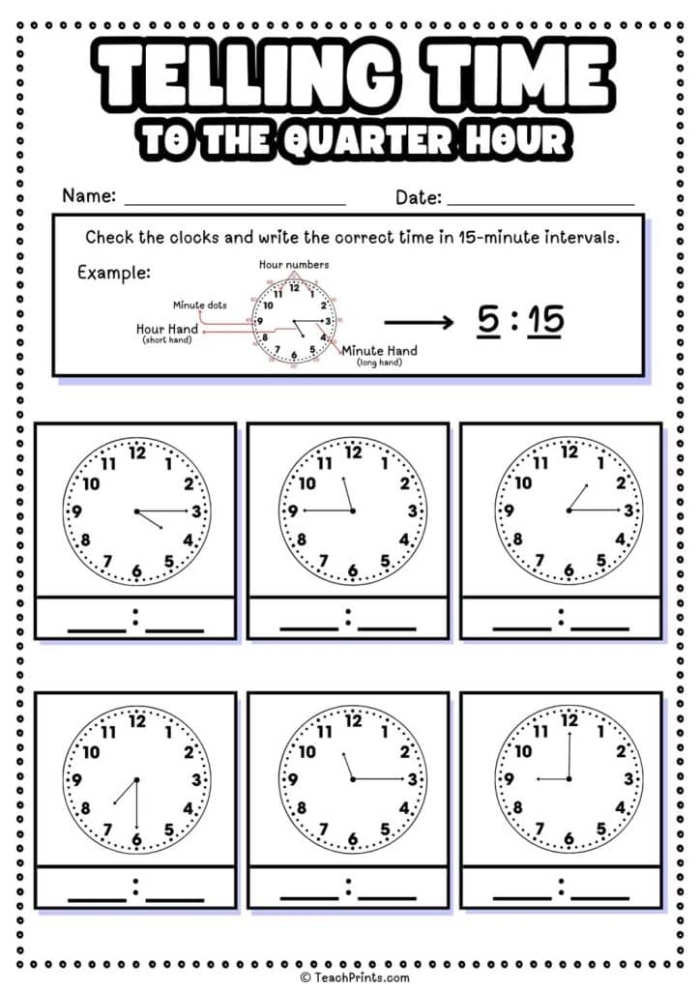 Telling Time: Quarter Hour Practice Worksheet for Second Graders Worksheet for practicing telling time at quarter hour intervals in second grade math