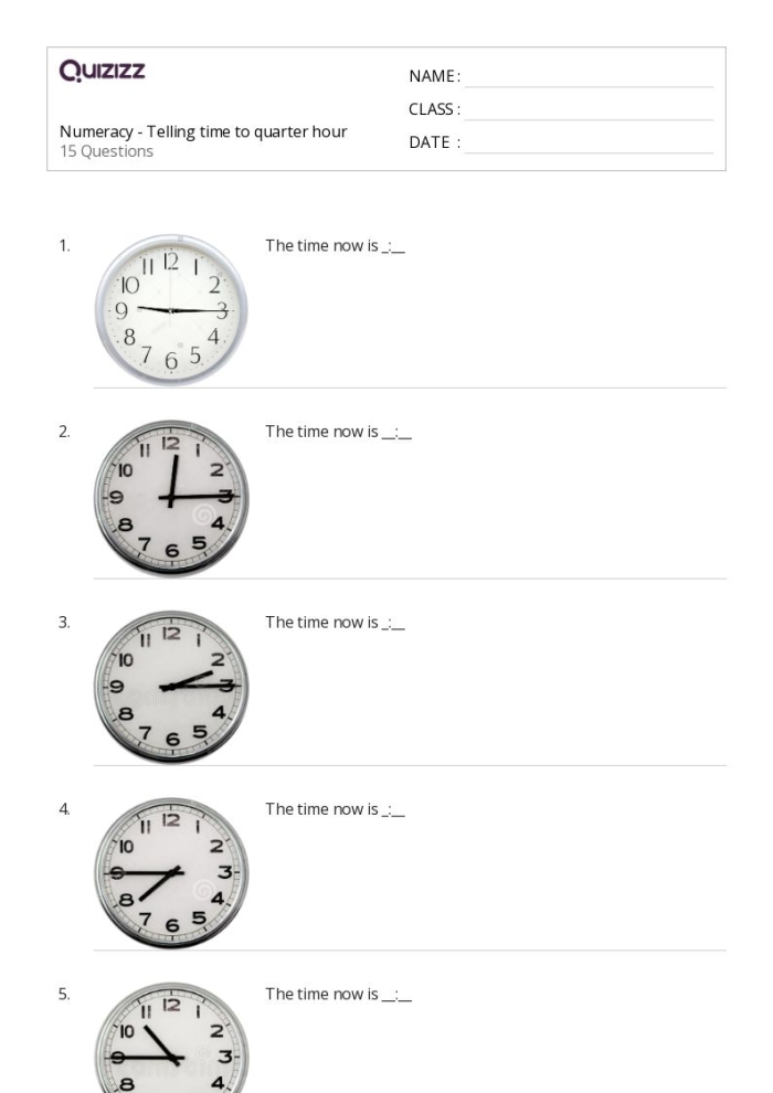 Telling Time: Quarter Hour Practice Sheet for Grade 2 Worksheet for practicing telling time at quarter hours for second graders