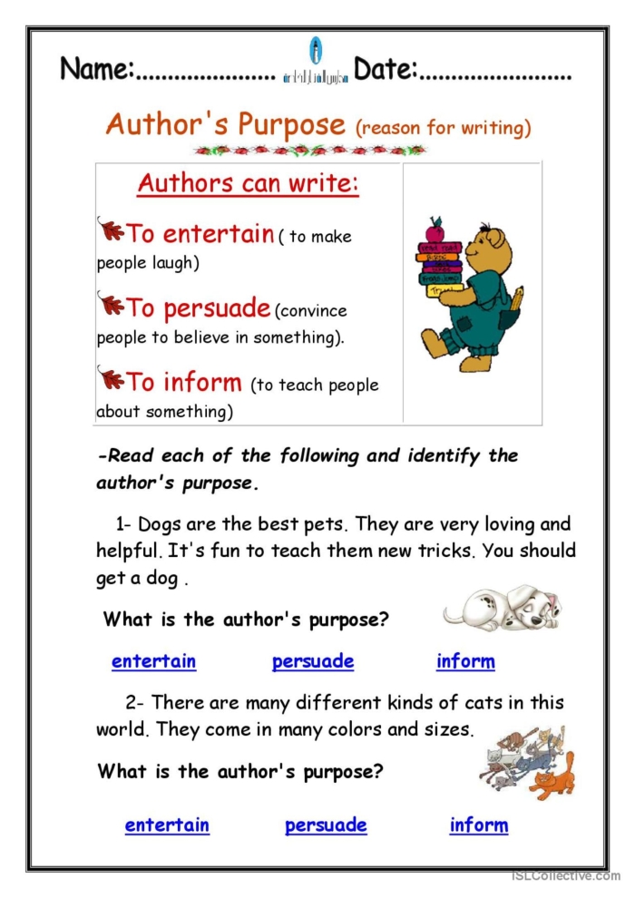Second grade worksheet on author’s purpose featuring The Princess and the Pea story adaptation