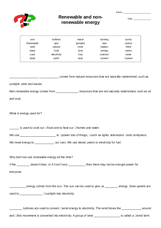 Second grade geography worksheet showing examples of renewable and nonrenewable natural resources