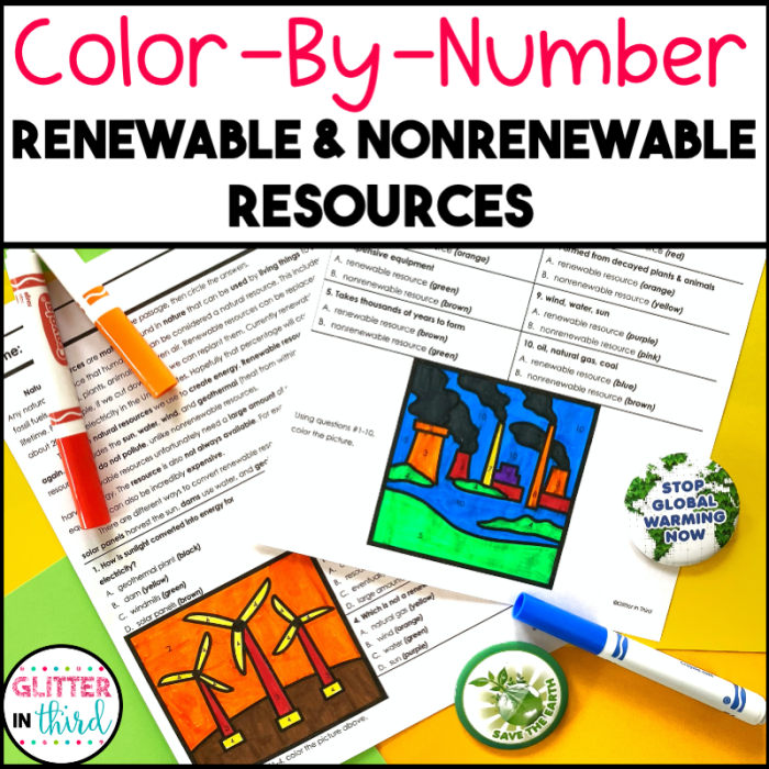 Second grade geography worksheet showing various natural resources to sort into renewable and nonrenewable categories