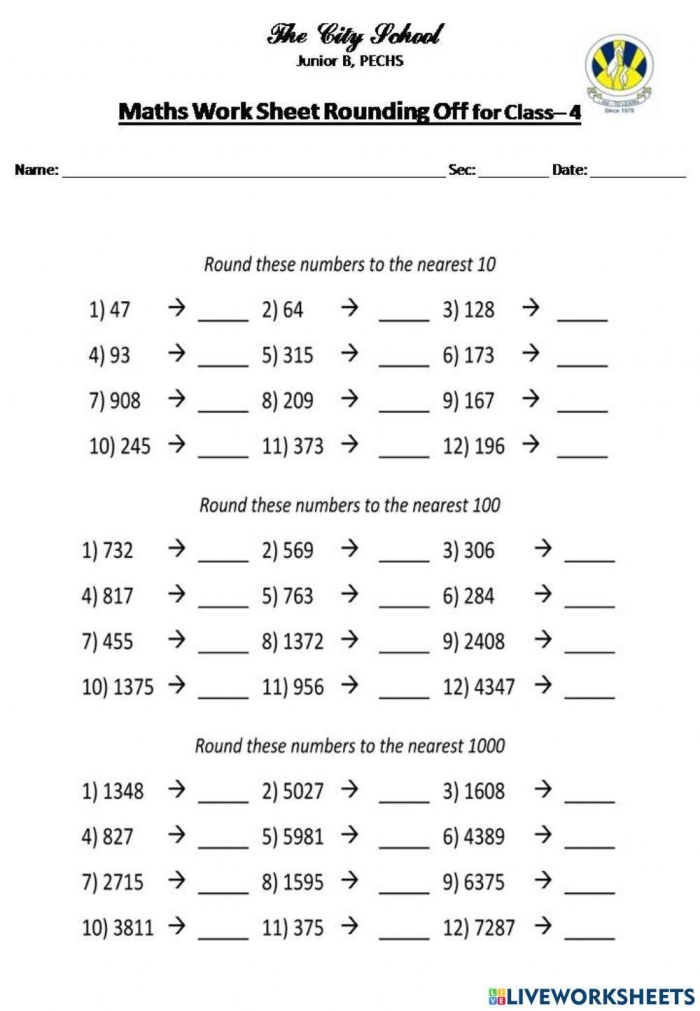 Practice Rounding with a Chart Worksheet Activity 18 Second grade student practicing rounding numbers using a chart with guided questions and examples