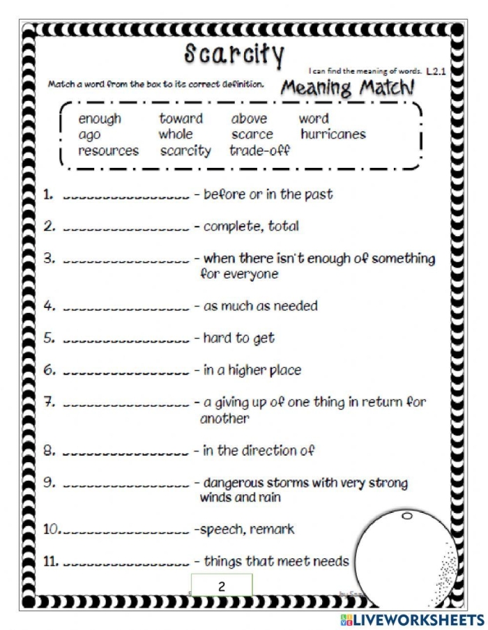 Worksheet focused on the concept of scarcity for second graders learning subtraction. Engaging economics worksheet: What Does Scarce Mean? for young learners.