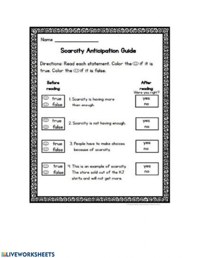 Worksheet demonstrating the meaning of scarcity in everyday life for second graders