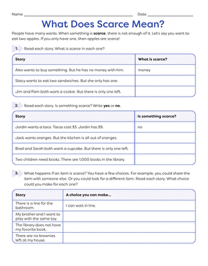 Worksheet illustrating the concept of scarcity for second-grade subtraction students