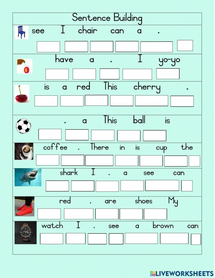 Printable Build a Sentence worksheet for practicing language skills Worksheet featuring sentence building activities for second graders