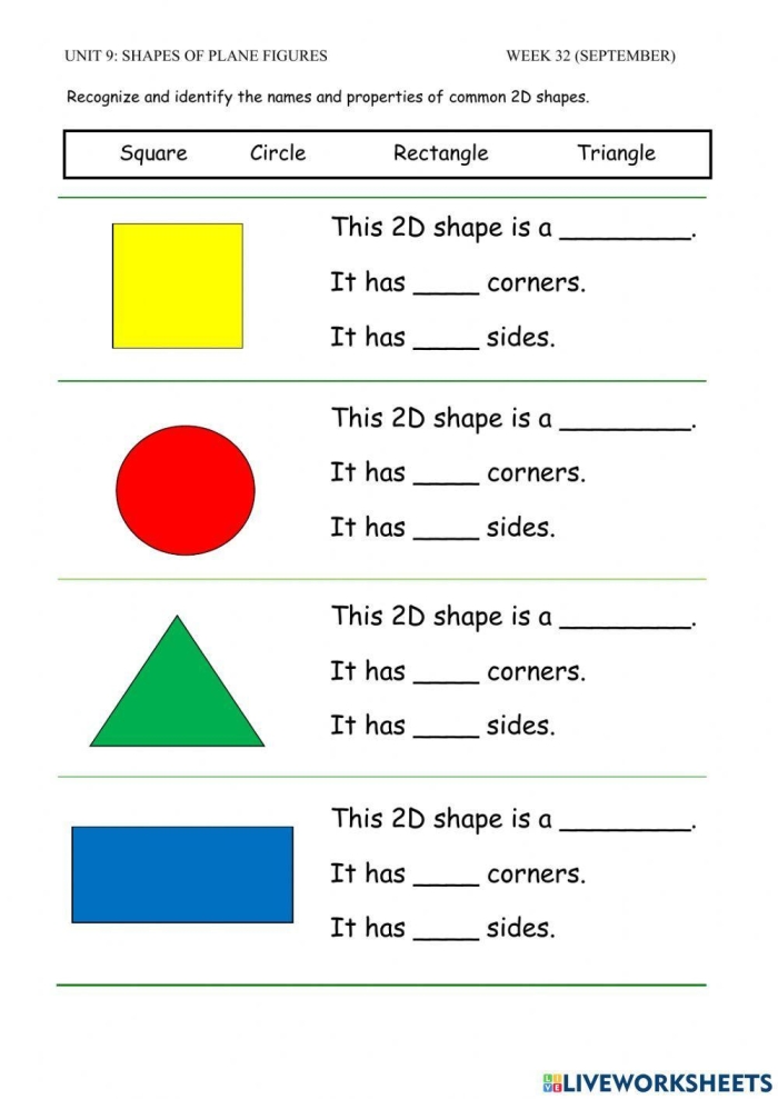 Second Grade Plane Figures worksheet with shapes to color and identify