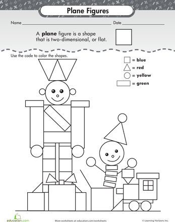 Second Grade Plane Figures worksheet with colorful shapes to identify and color