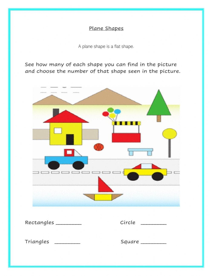 Colorful plane figures worksheet for second graders to identify and color shapes