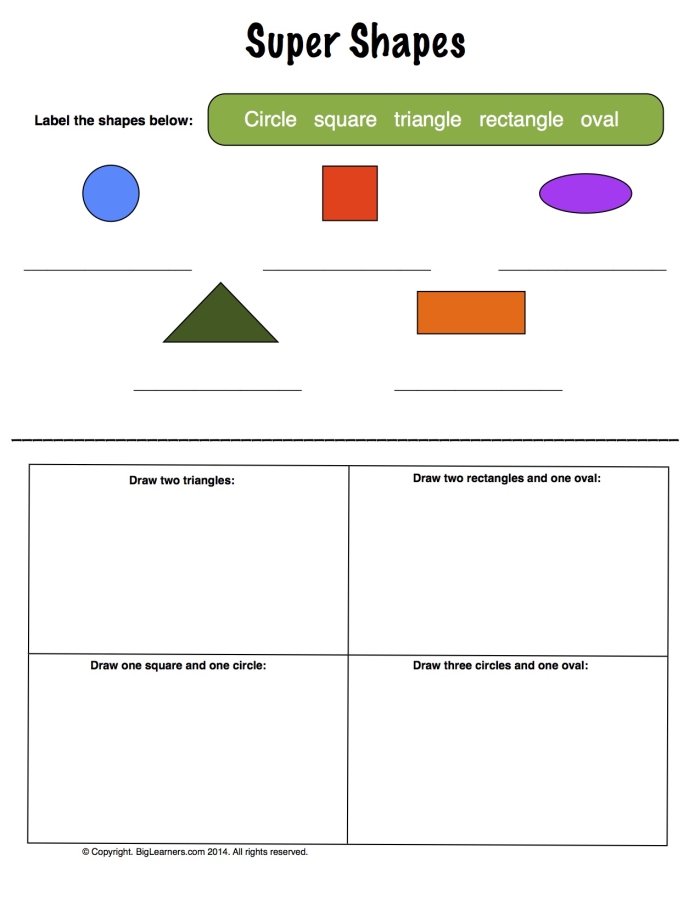 Second Grade Plane Figures worksheet with shapes to color and identify