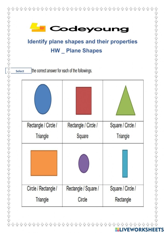 Second Grade worksheet featuring colorful plane figures for shape identification practice