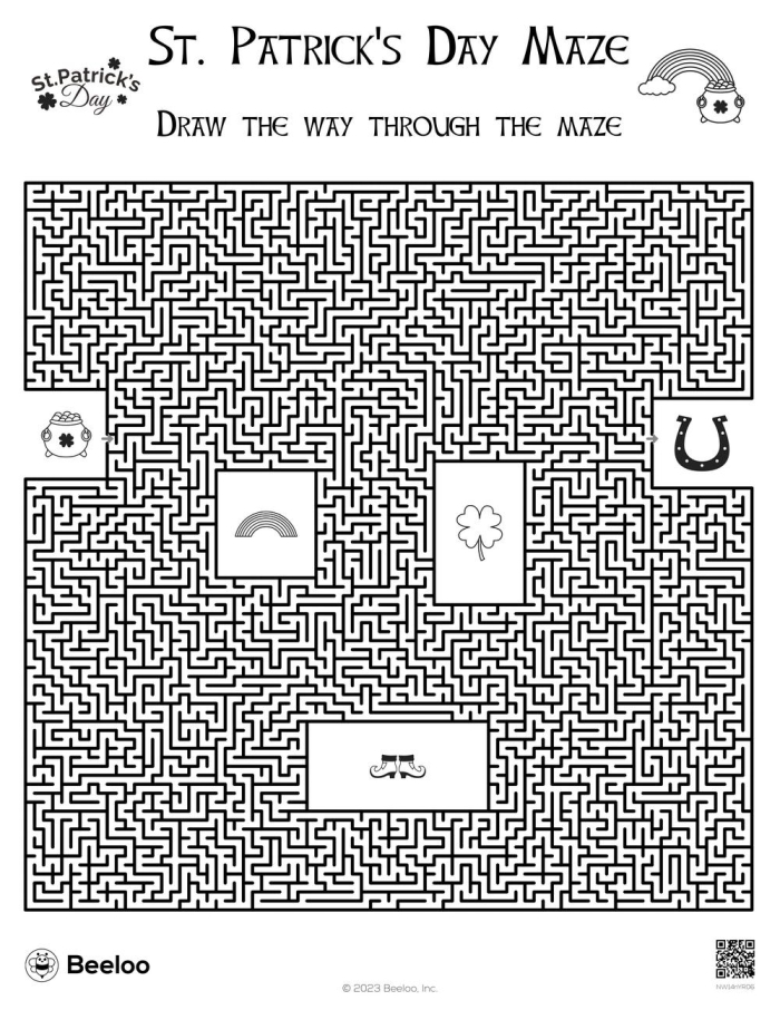 Second Grade St. Patrick's Day Maze Race worksheet with two players navigating side by side mazes