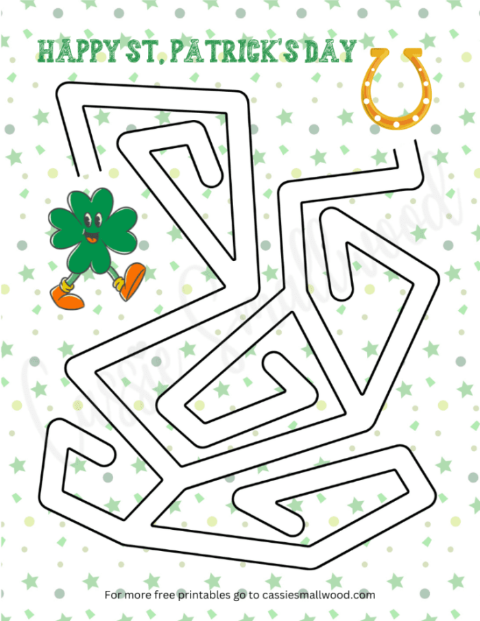 Second Grade St. Patrick's Day Maze Race worksheet with two side-by-side mazes for players to solve