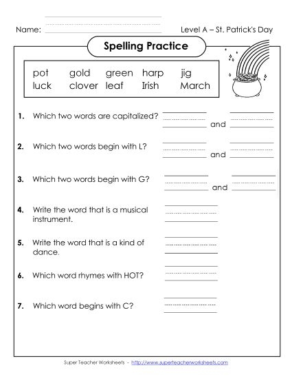 St. Patrick's Day spelling practice for second grade with fun word choices Second grader completing a St. Patrick's Day spelling worksheet with themed words