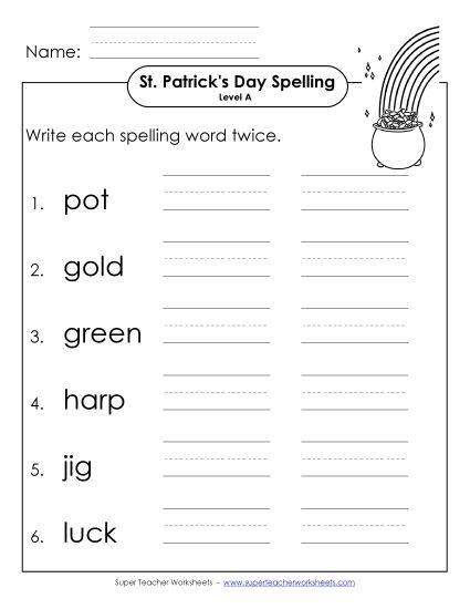 Fun St. Patrick's Day spelling practice for second grade with themed worksheet number 14 Second grader completing a St. Patrick's Day spelling worksheet focused on choosing the correct word spelling