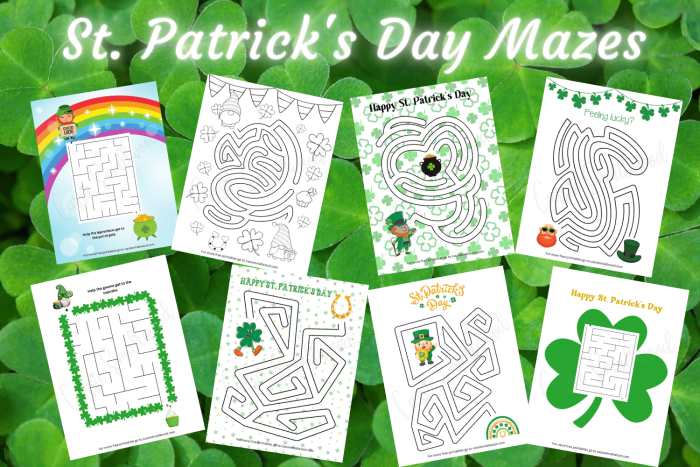St. Patrick's Day themed maze race worksheet for second graders with two side-by-side paths