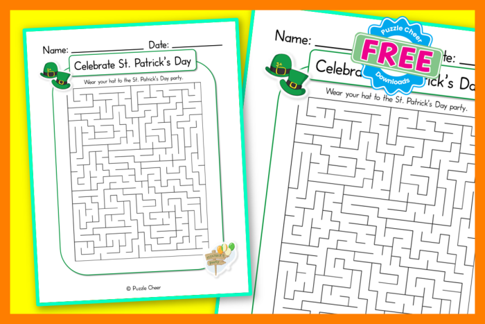 St. Patrick's Day themed maze race worksheet for second graders with two side-by-side paths