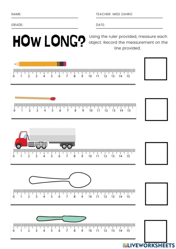Second grade students measuring toy objects like fidget spinners and cars using rulers to compare inches and centimeters on a colorful worksheet