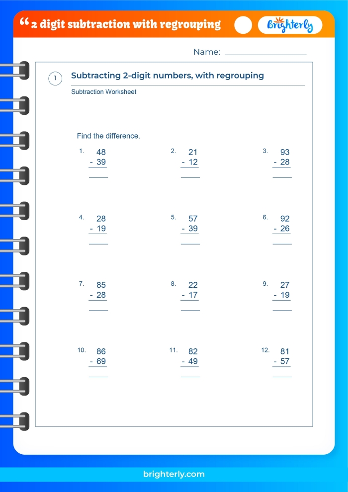 Second grade math worksheet on 2-digit subtraction with borrowing and a bonus word problem