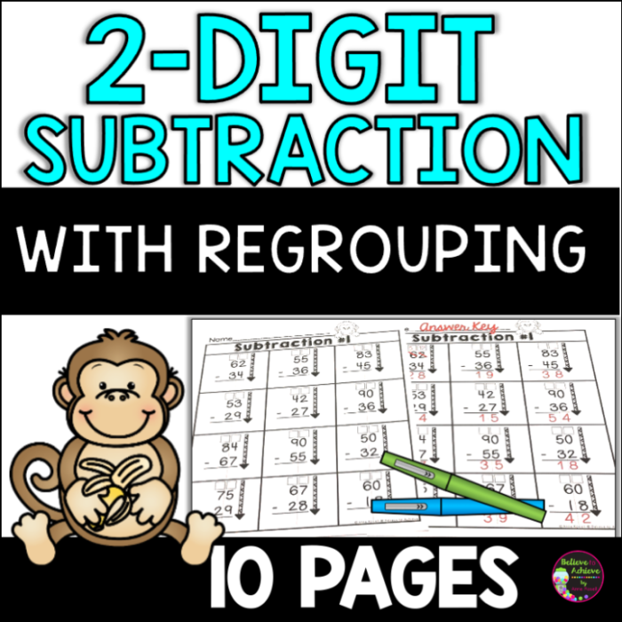Second grade math worksheet focusing on 2-digit subtraction with regrouping and a bonus word problem