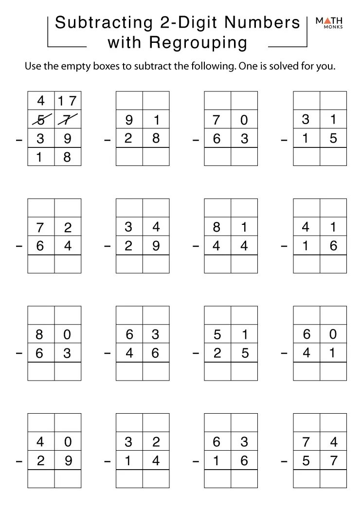 Second grade math worksheet focusing on 2-digit subtraction with regrouping and a bonus word problem
