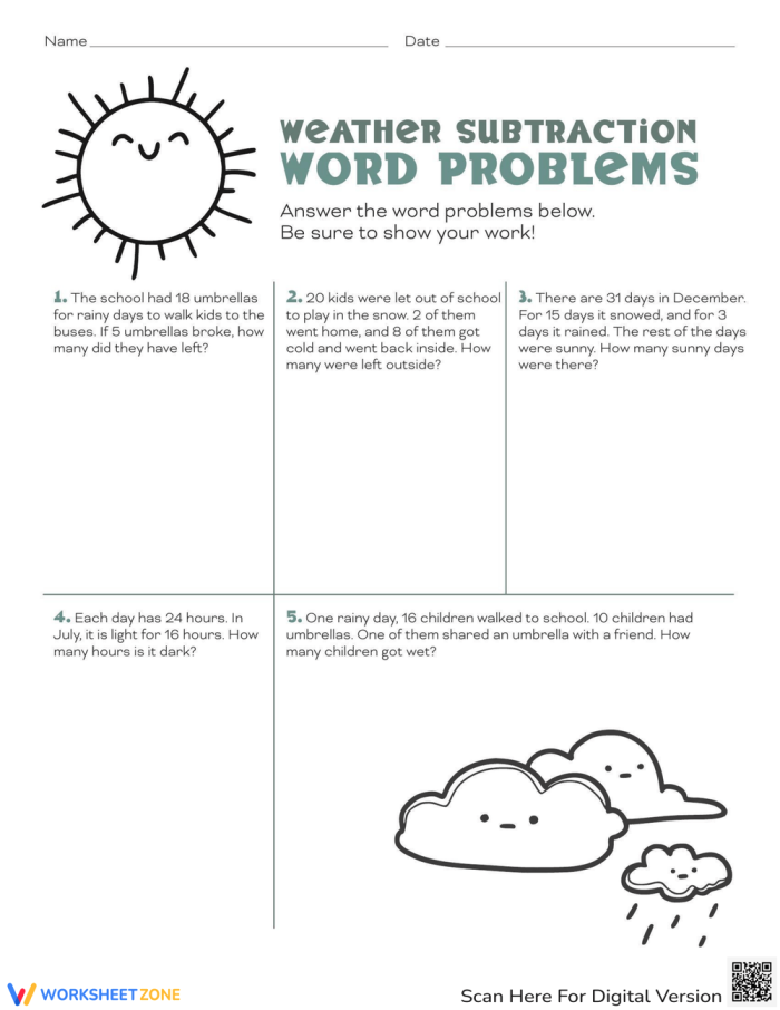 Engaging worksheet with addition and subtraction practice for young learners in a weather theme Second Grade Weather Subtraction Word Problems worksheet featuring colorful fraction problems