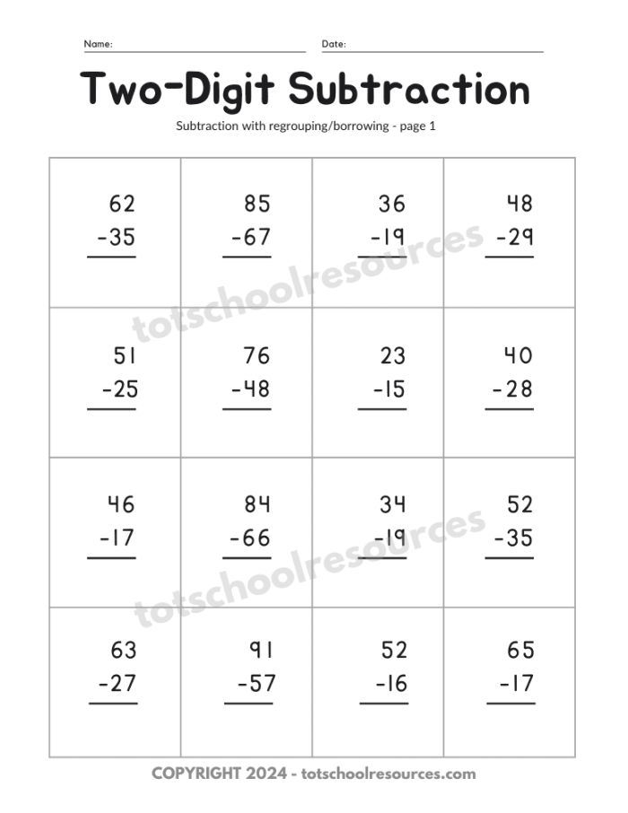 Second grade math worksheet for 2-digit subtraction with borrowing and an extra word problem