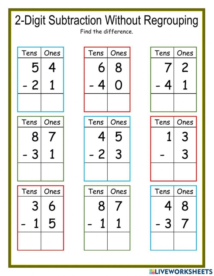 Second grade worksheet on 2-digit subtraction with regrouping and a bonus word problem