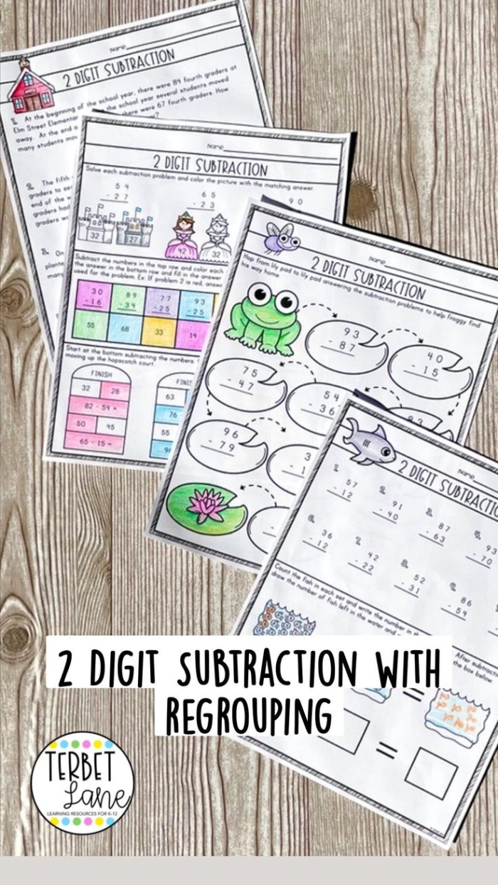 Second grade math worksheet focusing on 2-digit subtraction with regrouping and a word problem