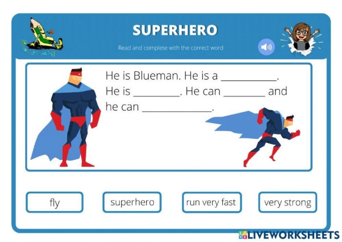 Engaging writing activity for kids using superhero themes on worksheet 14 Second grader completing a Super Hero Supporting Details worksheet with colorful illustrations