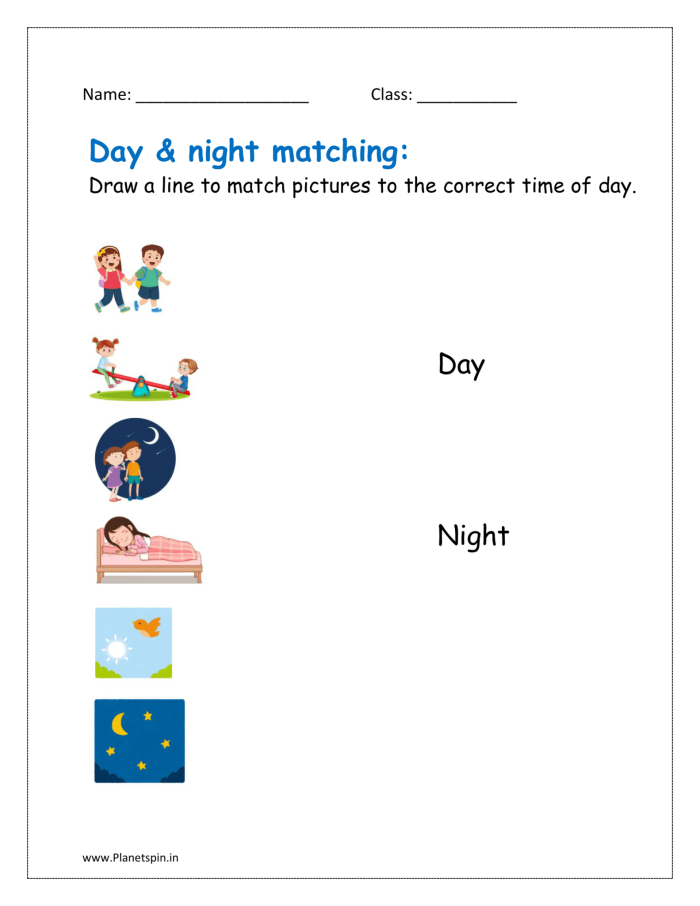 Second grade worksheet showing clocks to identify night or day time activities