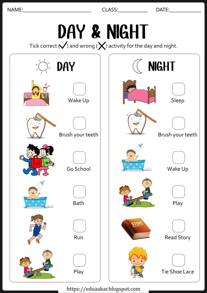 Second Grade worksheet showing clocks for practicing night and day time identification