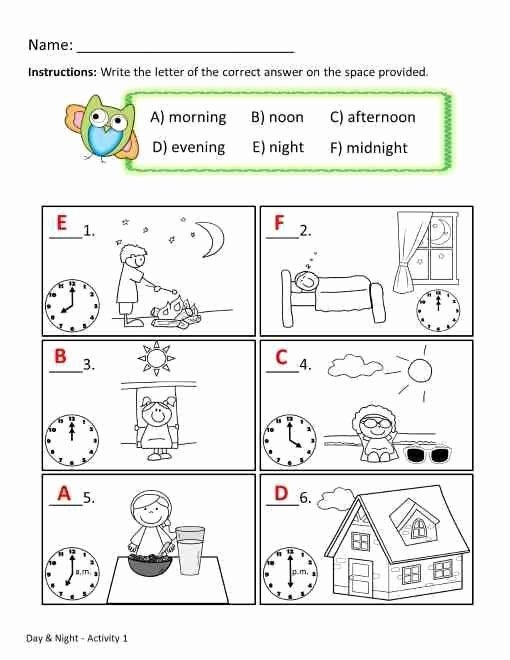 Second Grade child practices identifying day or night by reading clocks on worksheet 19