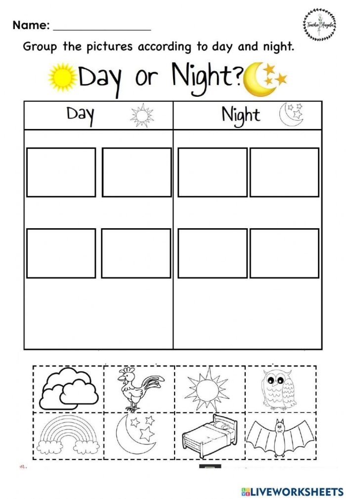 Second Grade student working on a Night Time or Day Time? reading worksheet with clocks