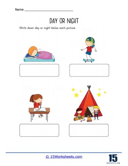 Second Grade worksheet showing clocks to identify night or day time activities